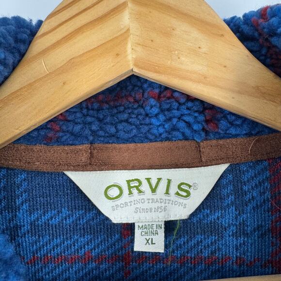 Orvis Blue Plaid Fleece Jacket Toggle Closure Sherpa Style Outerwear Size XL - Picture 3 of 9